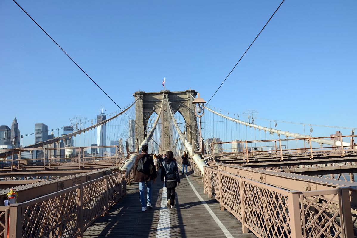 11 The First Cable Tower On The Walk Across New York Brooklyn Bridge With One World Trade Center Being Built And Gehry New York